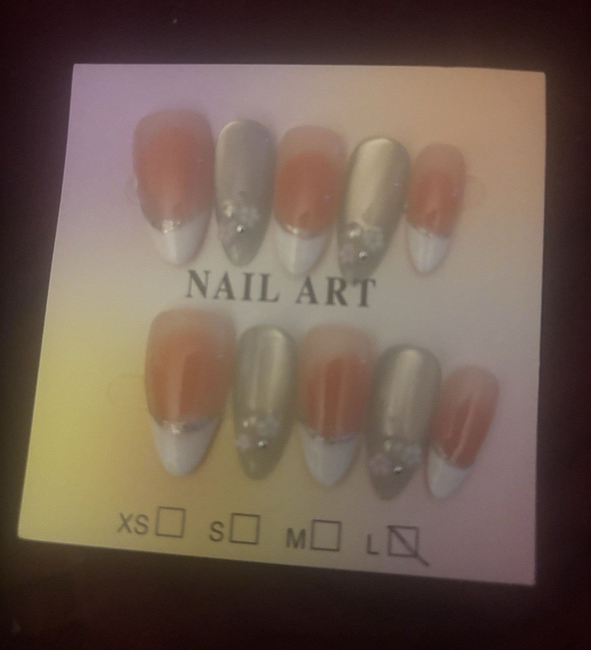 Press-On Nails Set Silver/Orange French Pre-Designed Nail Art Short Oval
