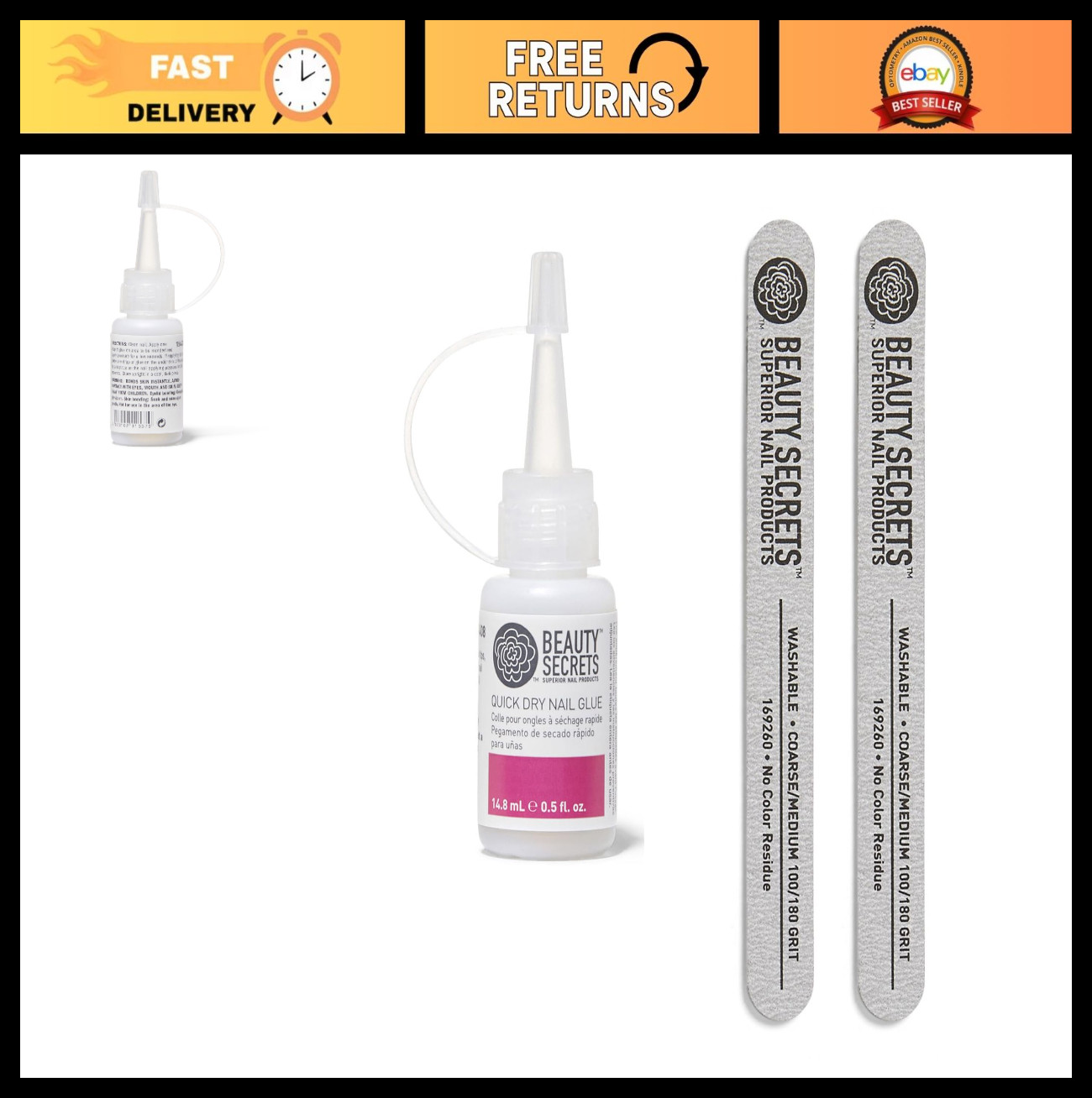 Quick Dry Nail Glue .5 Fl Oz + Zebra Cushion Nail File 180/100 Grit (2 Pack)