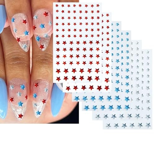 Red Blue White Star Nail Stickers 3D Embossed Self Adhesive Independence Style3