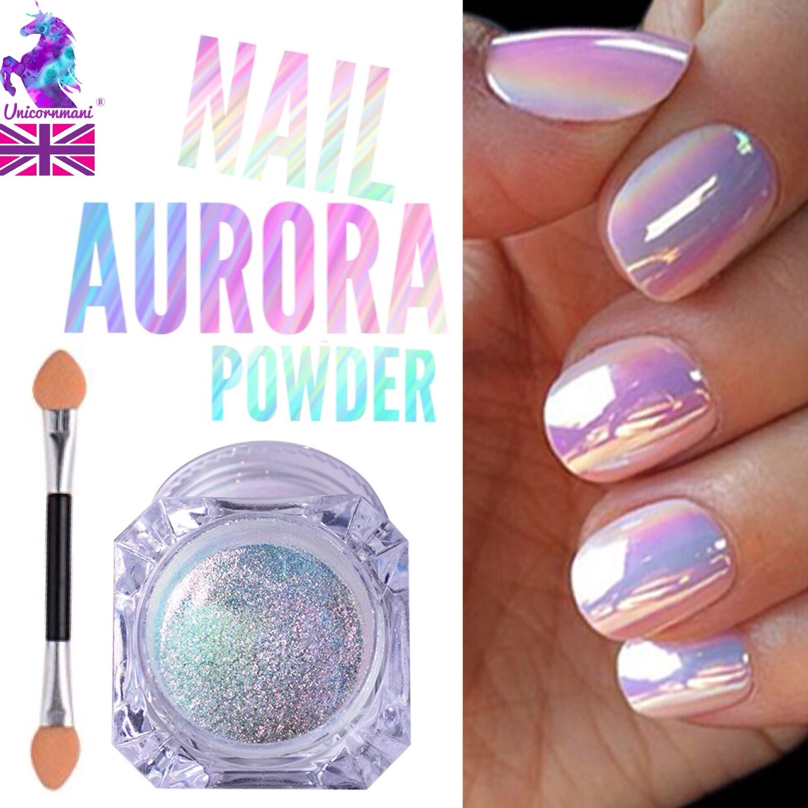 AURORA NAIL POWDER Mirror Effect CHROME Nail Art Mermaid Rainbow AB (Opal6) Uk