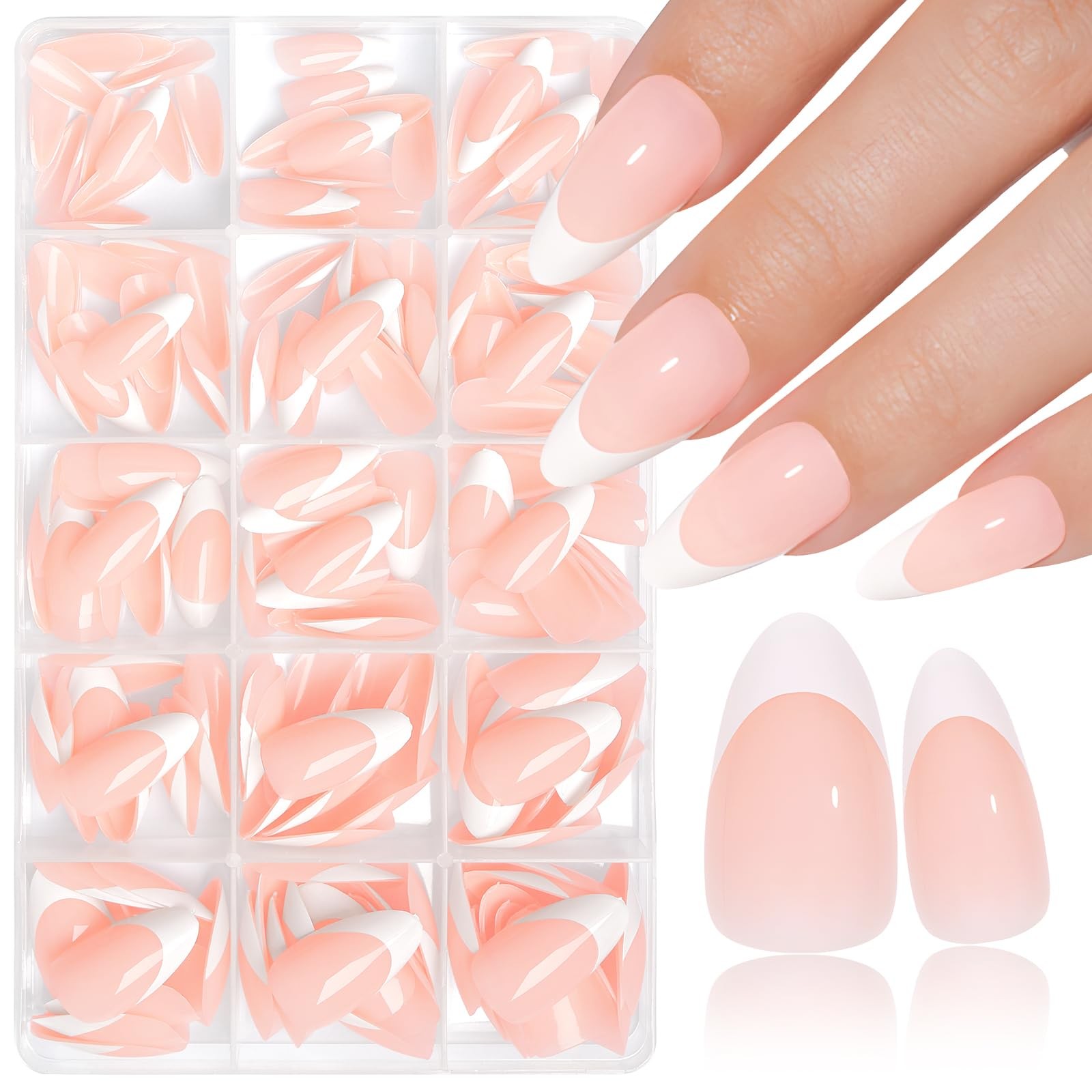 French Tip Press on Nails – 180pcs Pink Medium Almond Fake Nails Press ons Wh…