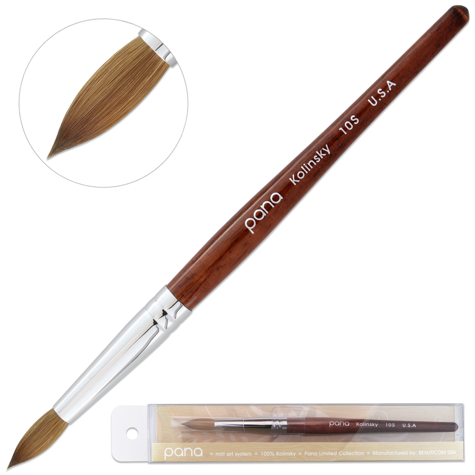 Pana USA Acrylic Nail Brush 100% Pure Kolinsky Hair Mahogany Wood Handle-Size 10