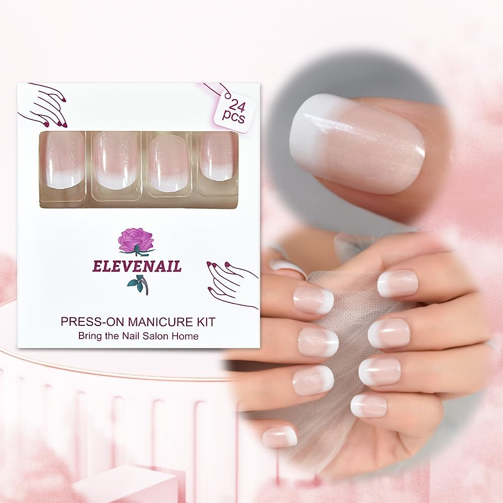 Press on Nails Natural Nude Pink White with Glitter French False Nail Art Tip…