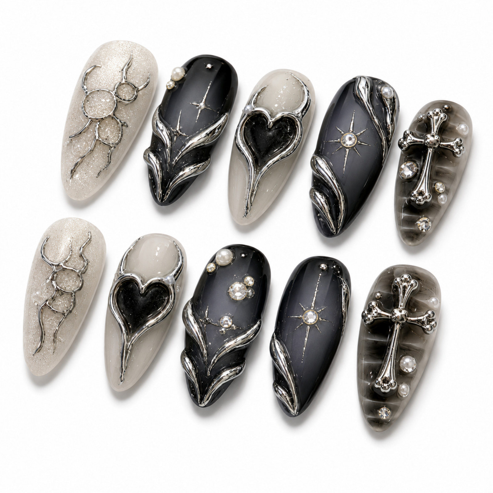 Handmade Gothic Black Silver 3D Cross Heart Press On Nails Set