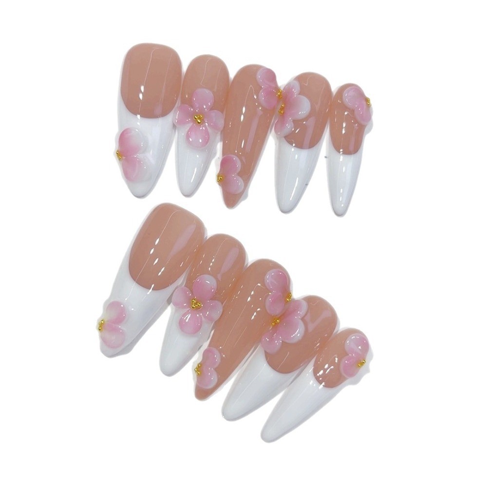 10pcs Nude French Press on Nails 3D Pink Flower Gold Pearl Long Stiletto Tips
