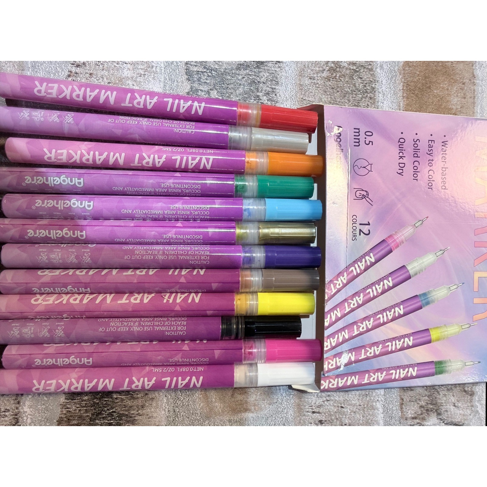 Angelhere 12 Colors Nail Art Marker Pen Set 0.5mm Fine Tip Water-based