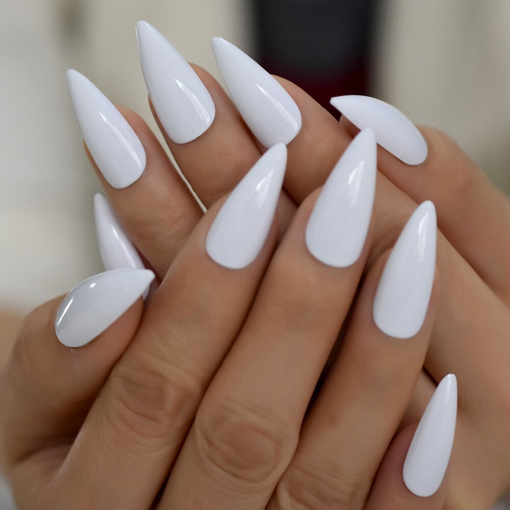 24 Press on nails kit w glue Long white stiletto pointed
