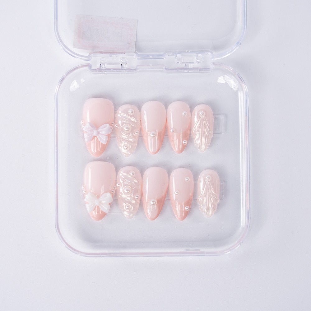 Handmade High Quality Almond Press On Nails Light Pink Pearl Bow Fake Nails S-L