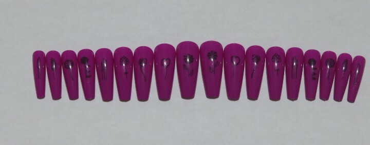 Pink with Flowers, Hearts- press on nail set- Set of 18 Ex-long Ballerina