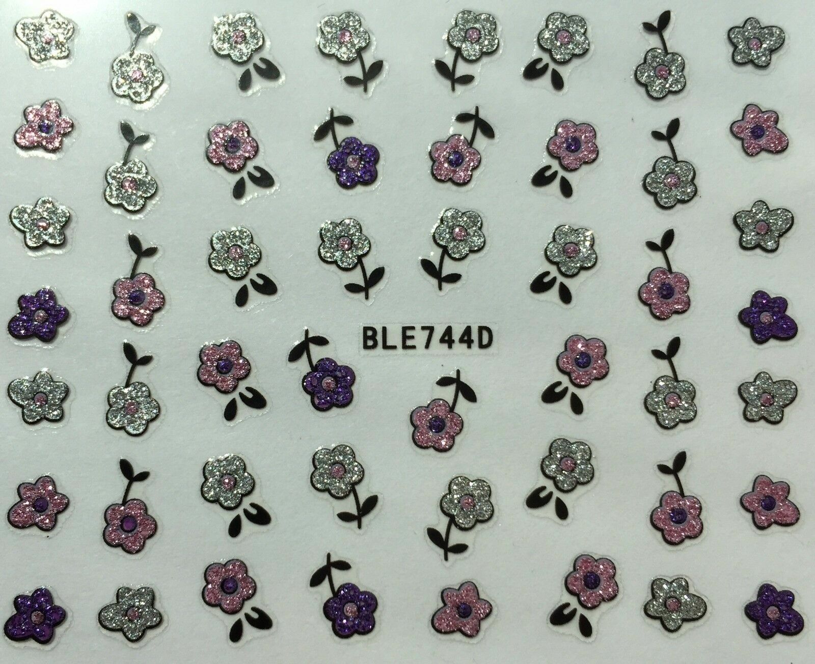 Nail Art 3D Glitter Decal Stickers Pink Purple & Silver Flowers BLE744D