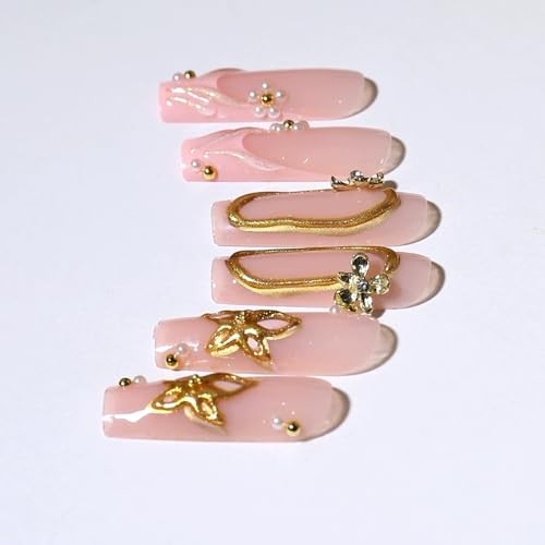 Long Press on Nails Square Fake Nails French Tip False Nail swith Gold CQCF01-1