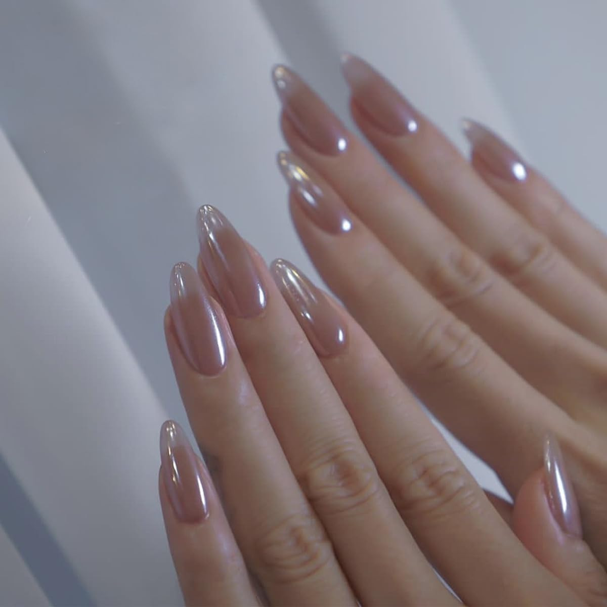 Nude Press on Nails Short Almond Fake Nails Glossy Ombre Press Ons with Designs