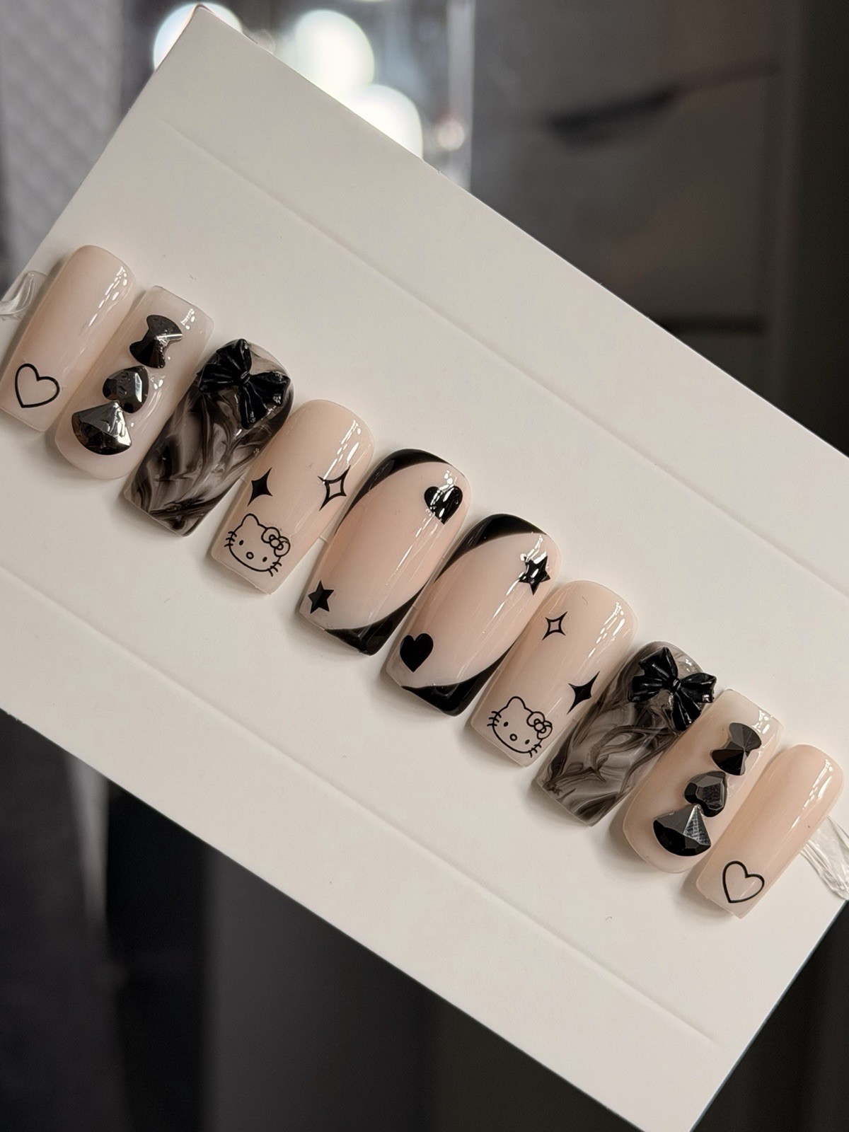 ✨ CUSTOM Press On Nails Nude BLACK HELLO KITTY BLING BOW 10p SET W Kit