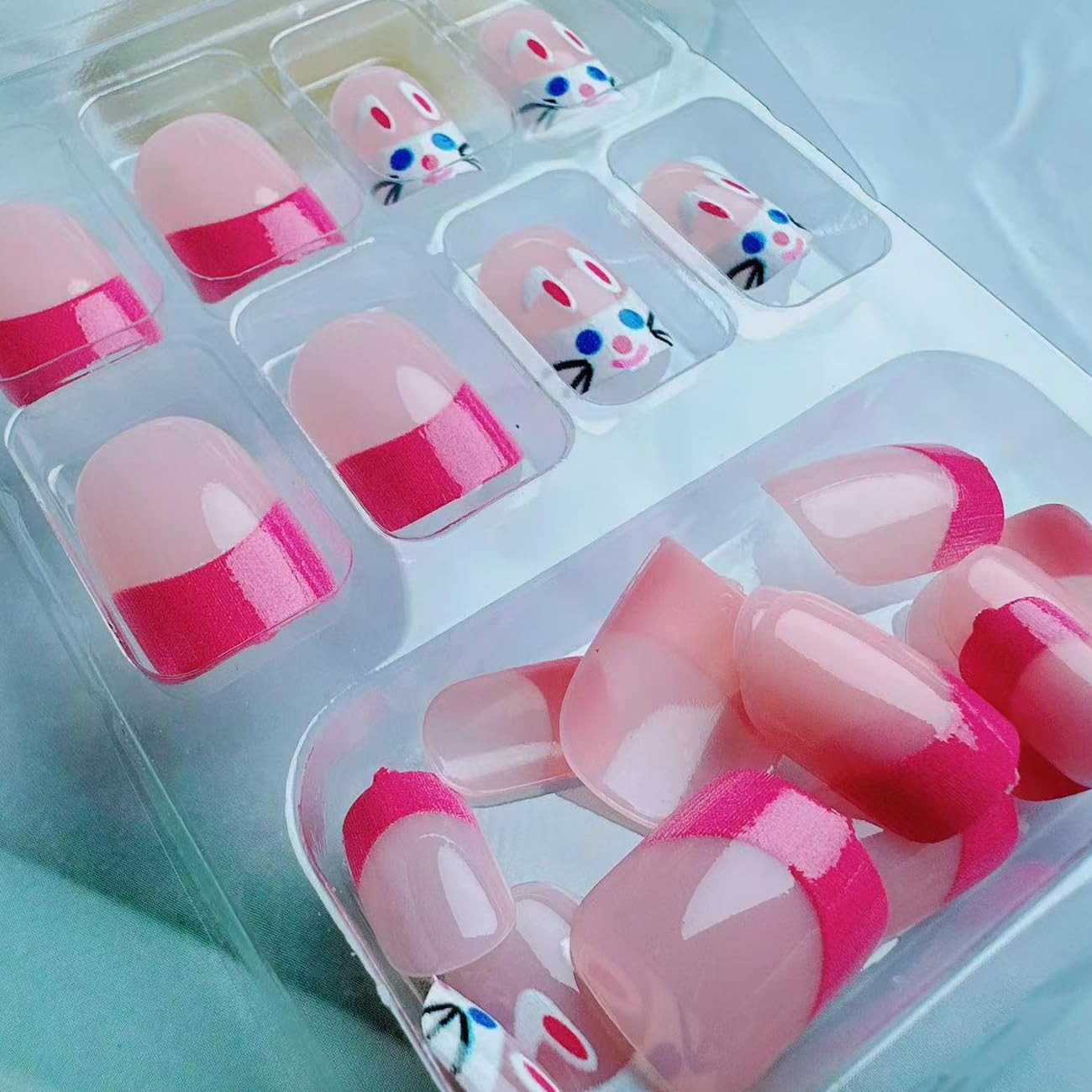 Easter Press on Nails Short Pink French Fake Nails Cute Rabbit Design Square …