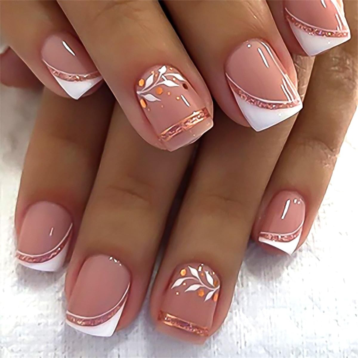 Stbisen French Press On Nails Short Square, Nude Fake Nails with White French…