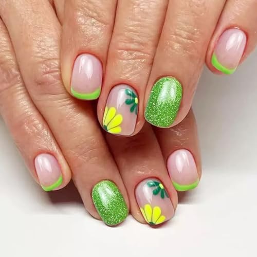 6 Packs (144 Pcs) Flower Press on Nails Short Square Fake Nails Floral Style-8