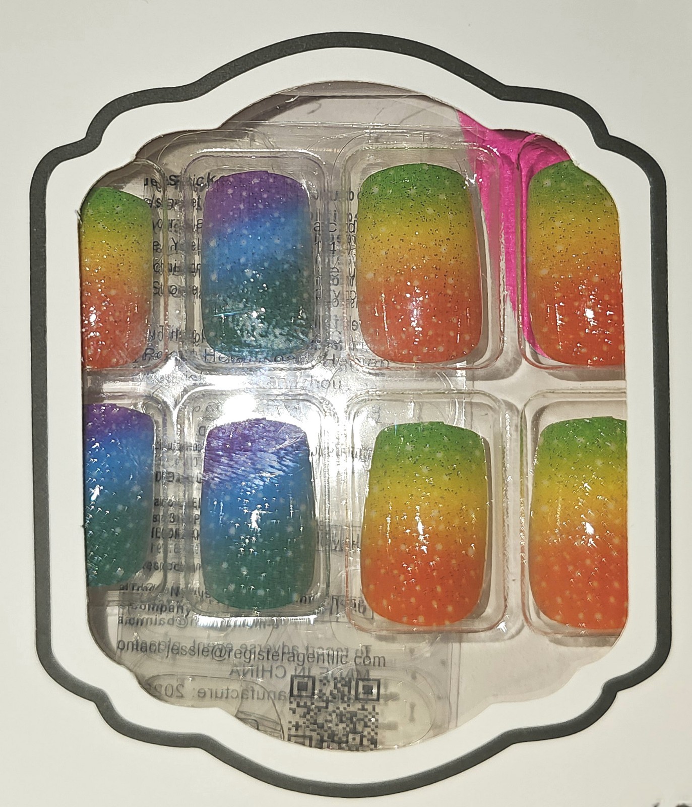 Press-On Nails Summer Multi-Color Rainbow Bright Medium Coffin Textured Glitter