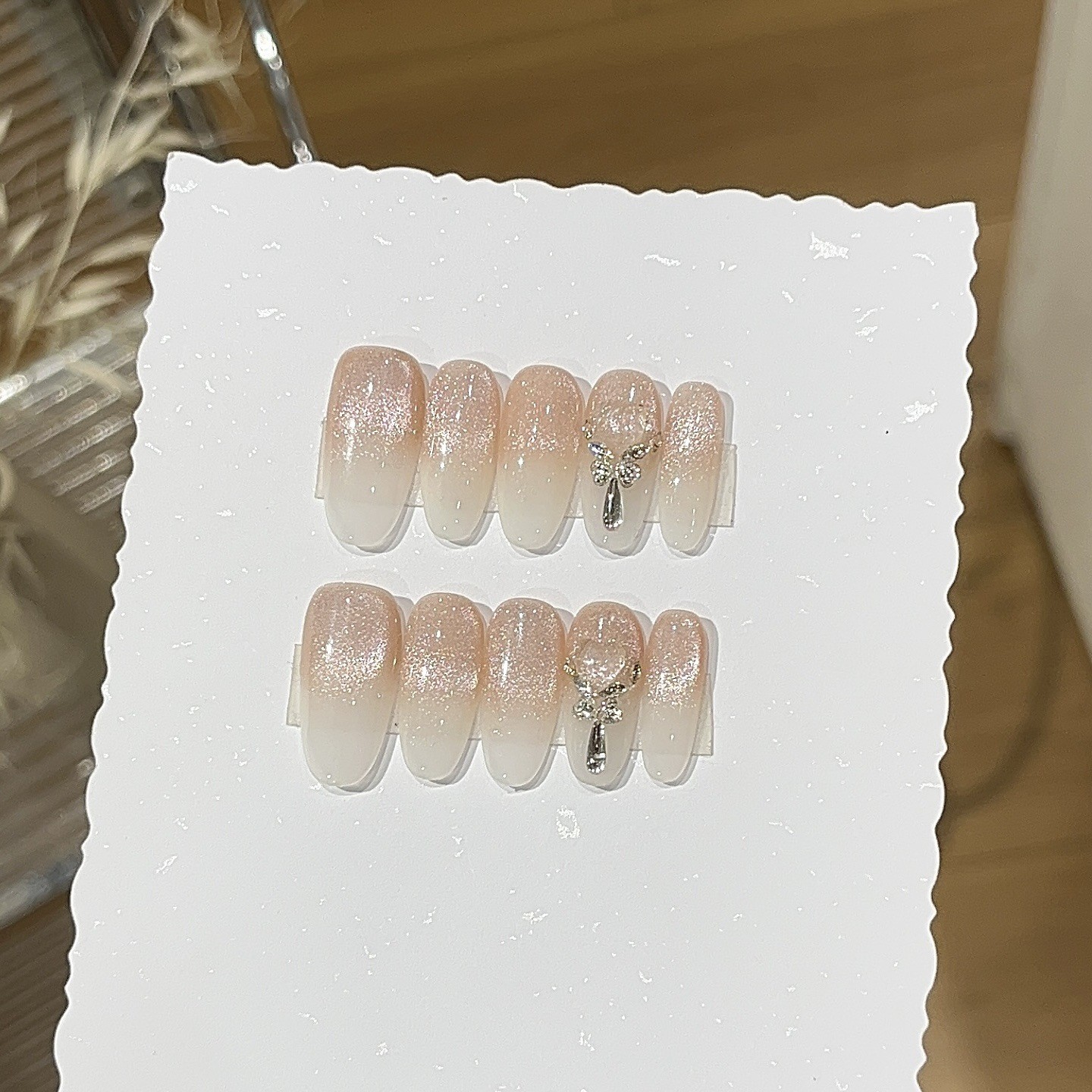 10Pcs Handmade Nude Pink Cat Eye Nails Shiny Rhinestone Pure Aesthetic