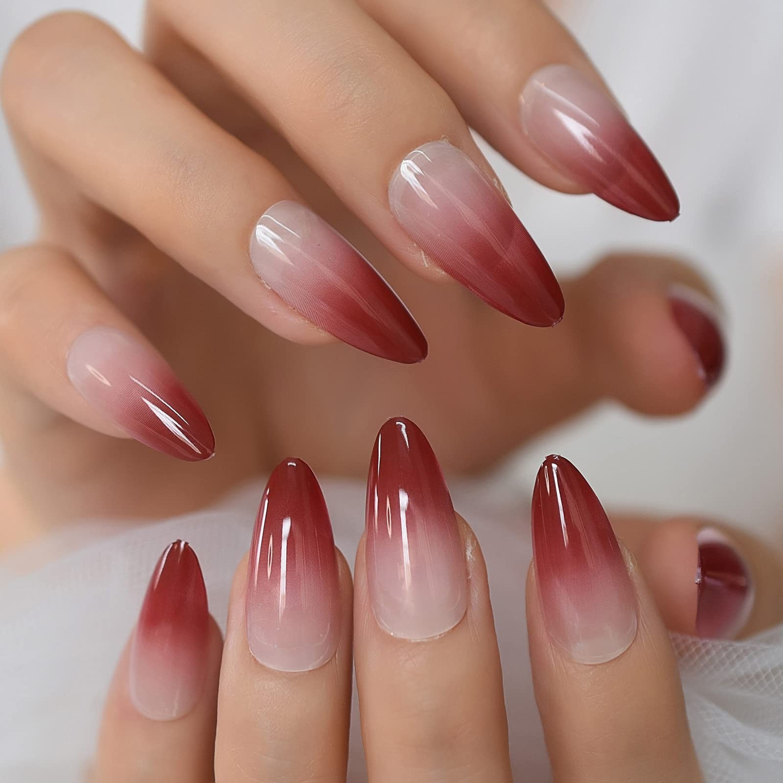 24PCS Fake Nails Ombre Dark Red Medium Long Reusable French False Nails Almon…
