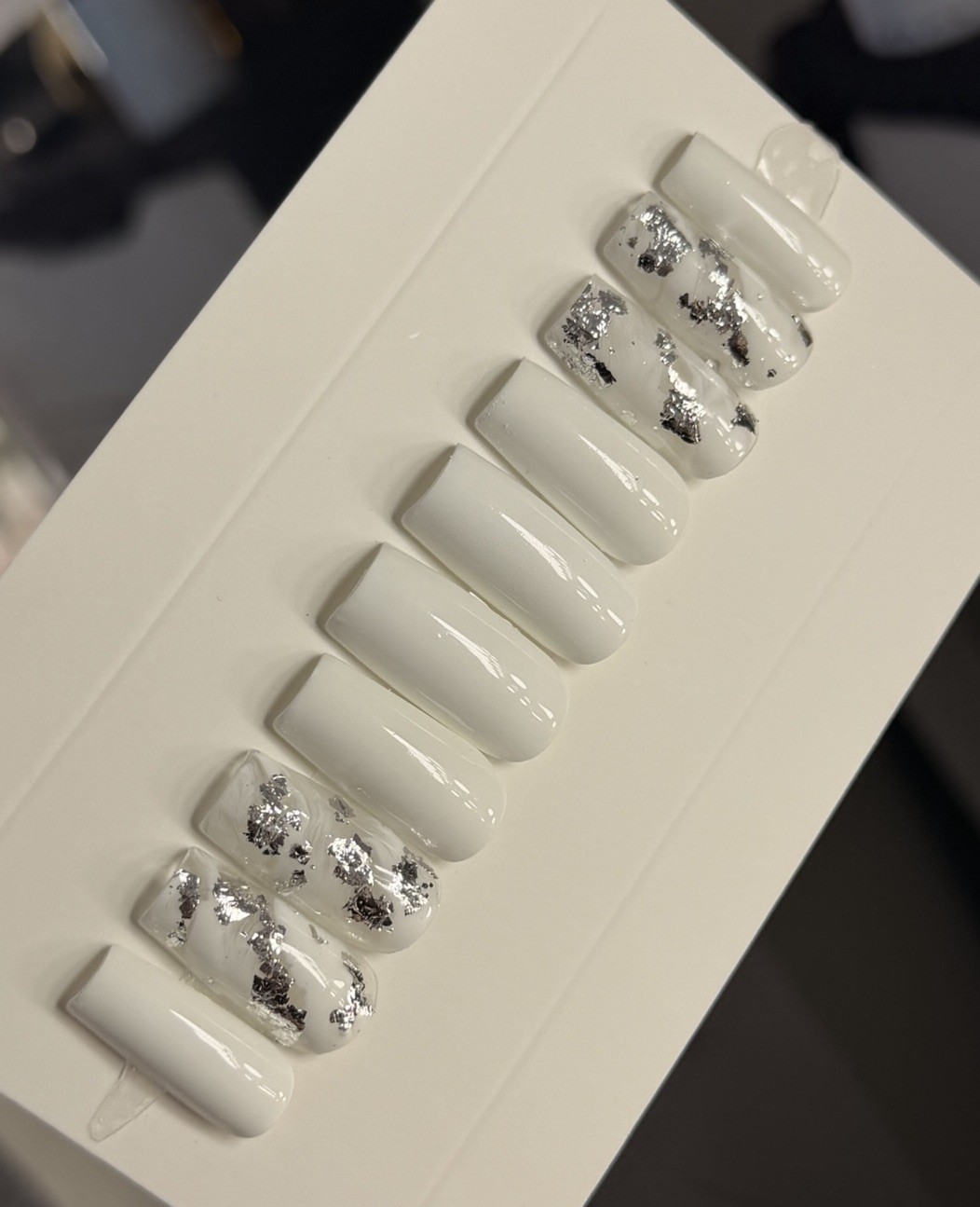 🤍 CUSTOM Gel Press On Nails, White Silver Flakes 10p FULL SET W Kit Square M