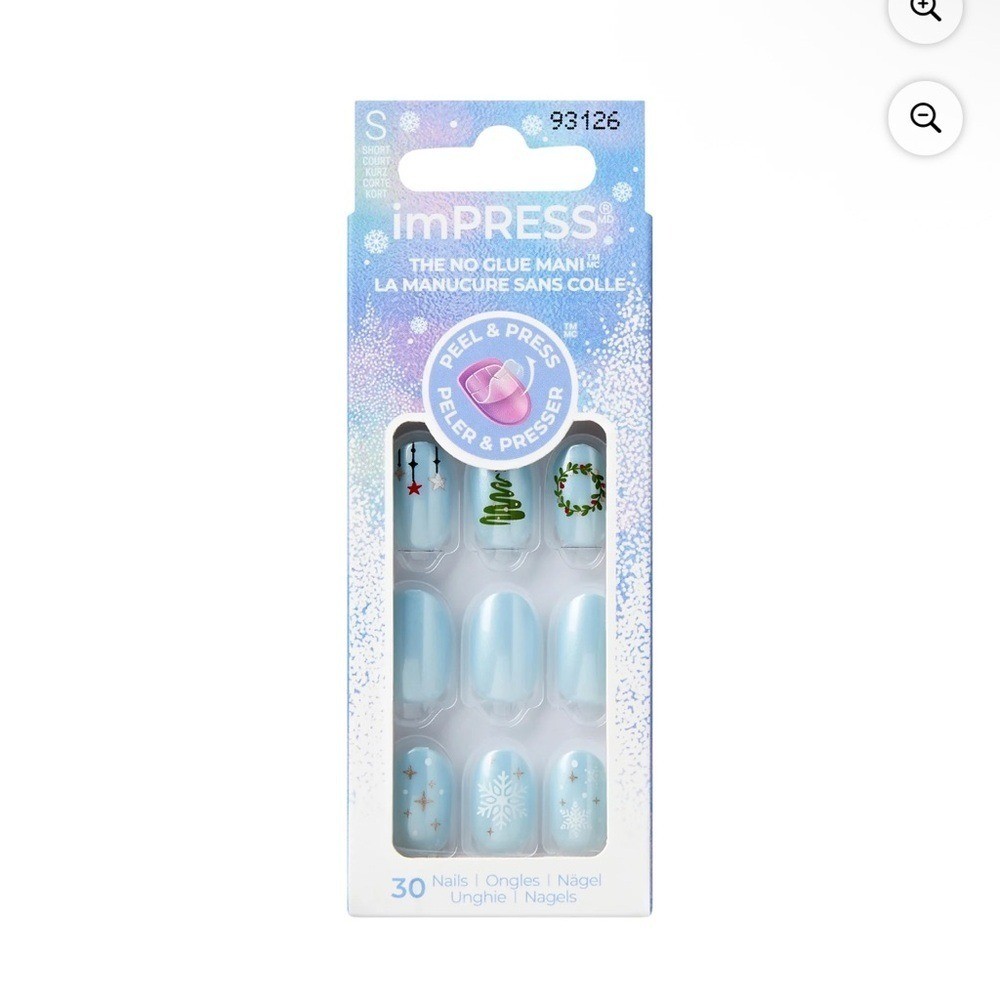 KISS imPRESS Holiday Press on Nails, Frosty Tale, Blue, Short Oval, 30 Count