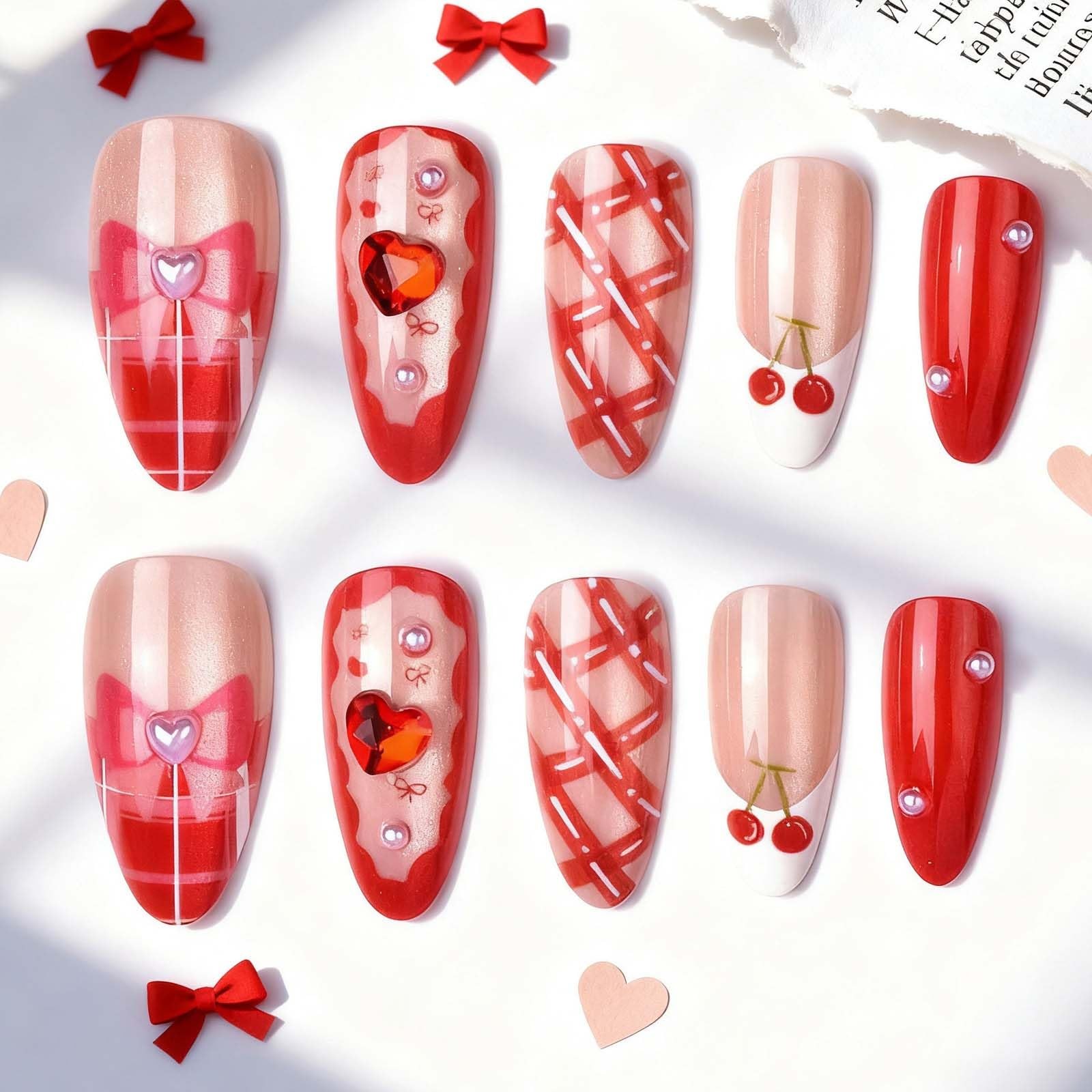 24Pcs Valentines French Tip Press on Nails Medium Almond Bow Cherry Heart Fak…