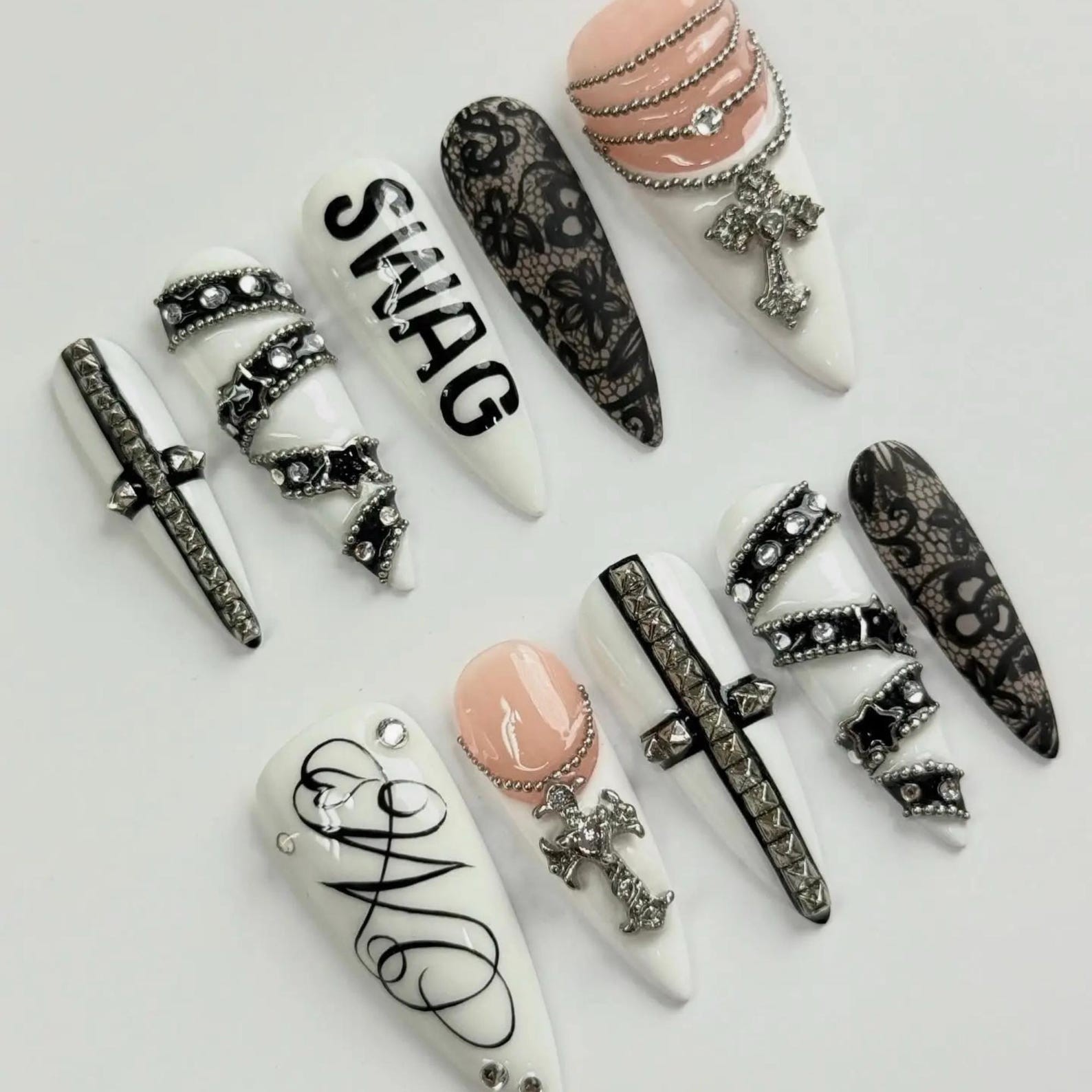 Handmade Black White Lace Cross Chain Rhinestone Letter Stiletto Press on Nails