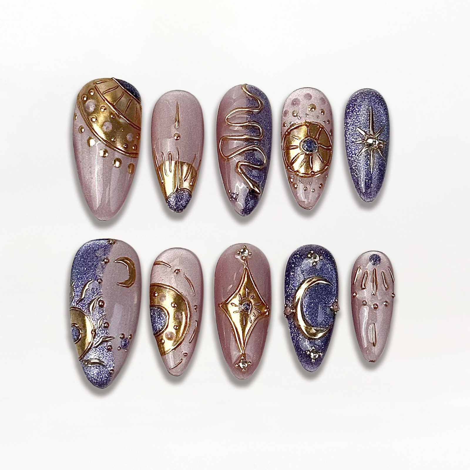 Press On Nails Medium Almond Purple Gold Celestial Moon Star Nail Art Glue Set