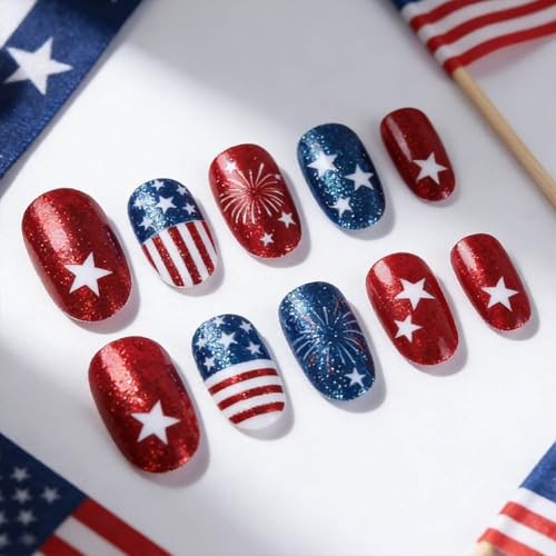 Short Almond Fake Nails – 4th of July Press On Nails