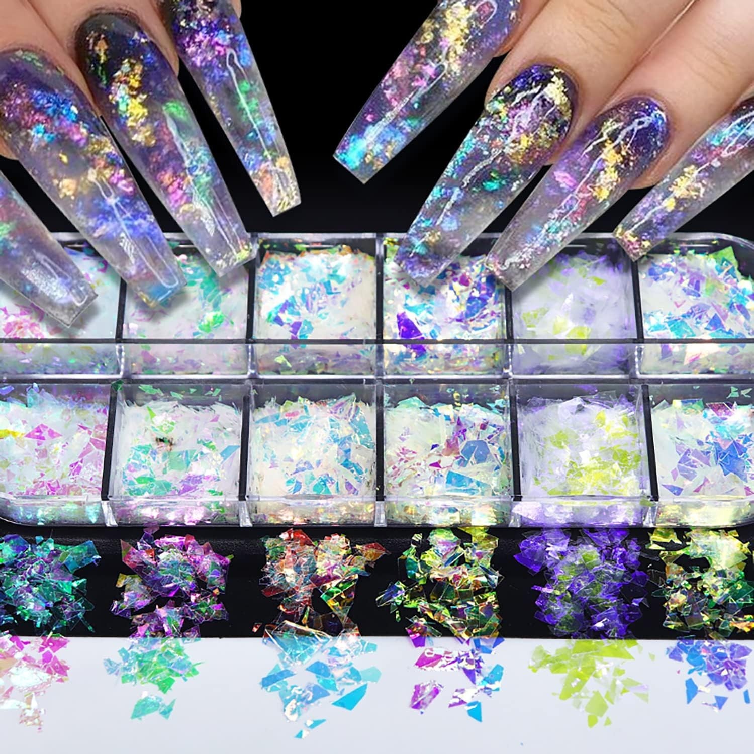 12 Colors Iridescent Ice Slag Nail Art Glitter Sequins for DIY Nail Designs