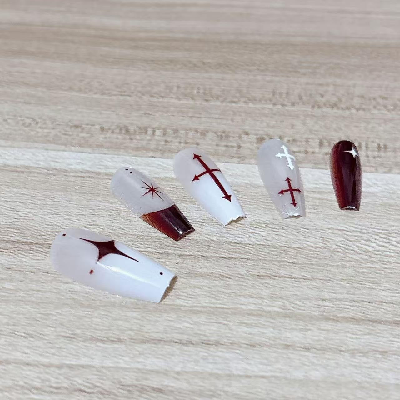 French Tip Press on Nails Dark Red Cross Stars Design Medium Gradient for Glo…