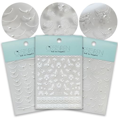 White Lace French Line Nail Art Stickers Pearl Rhinestones White Beige
