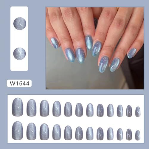 Press on Nails Medium Oval Fake Nails Glitter False Nails Glossy Blue Cat Eye