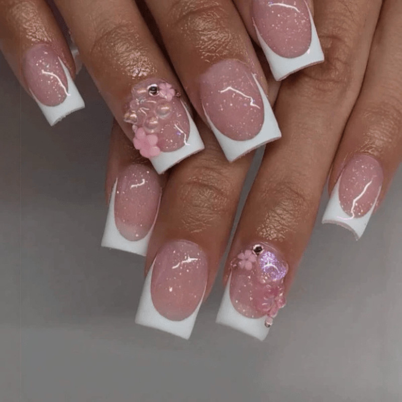 48pcs Short Square Press on Nails, Pink Glitter French 3D Flower Pearl Nails