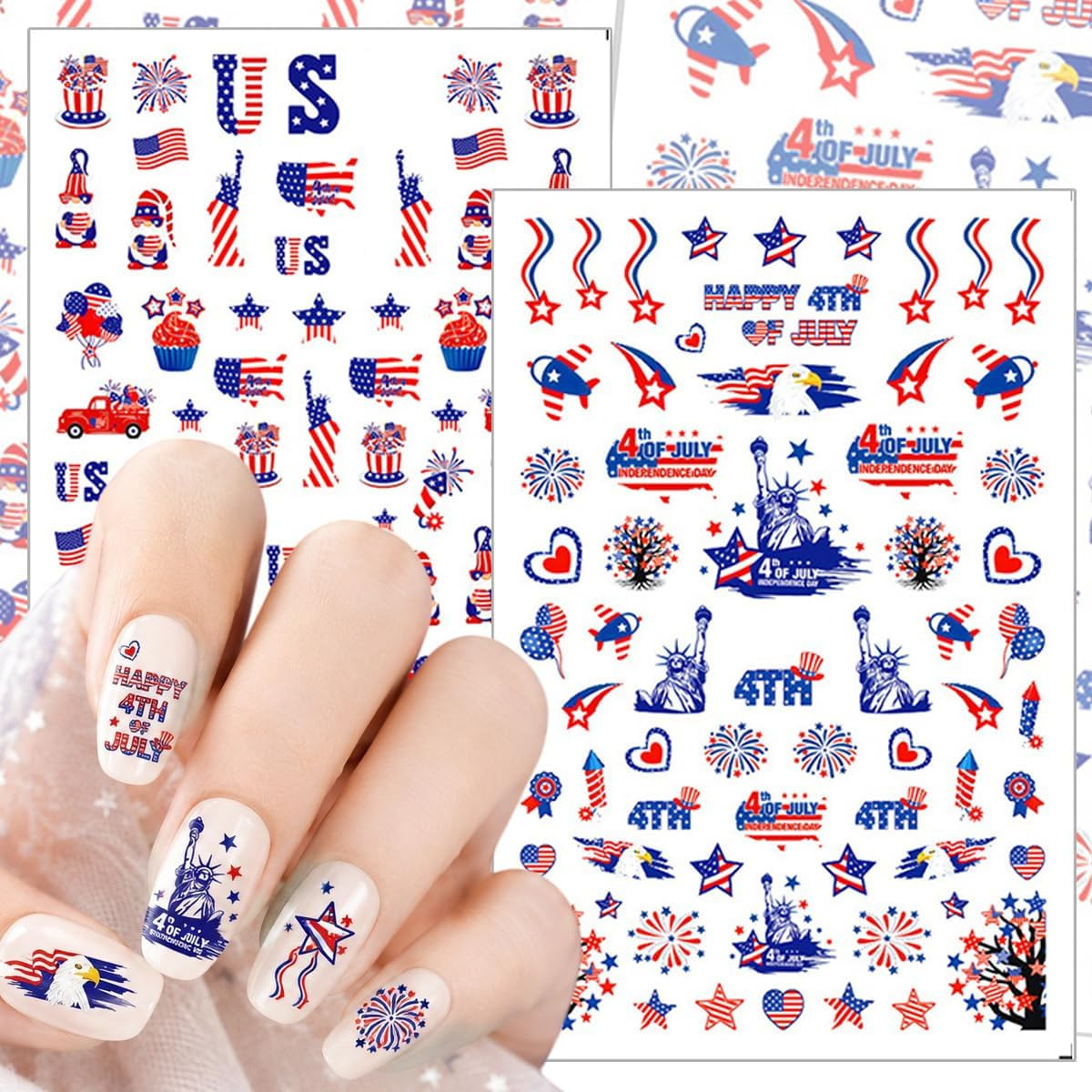 4Th of July Nail Stickers Decals Red White Blue Independence Day Map Fireworks 3