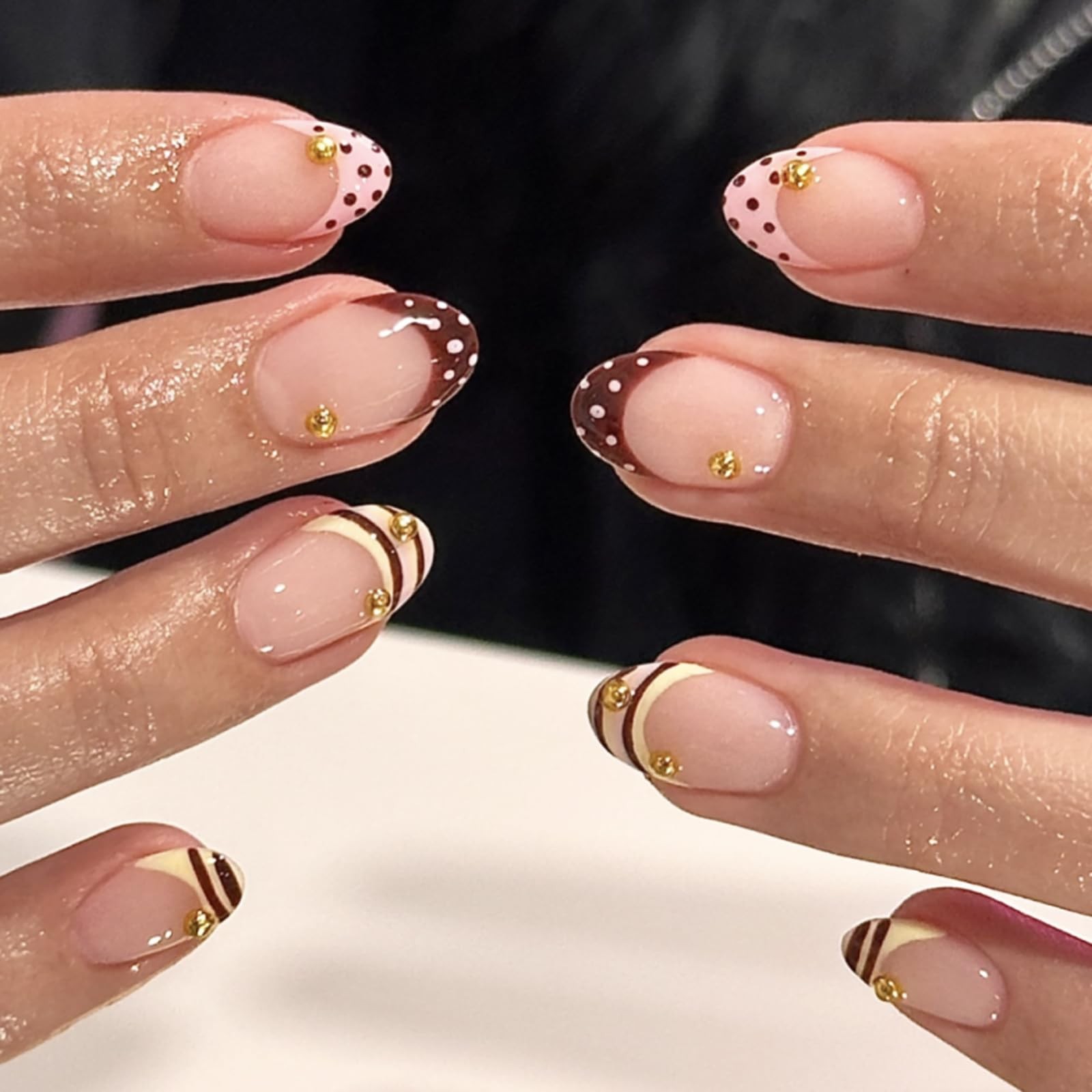 24Pcs French Tip Press On Nails Short Oval Fake Nails with Striped & Polka Do…