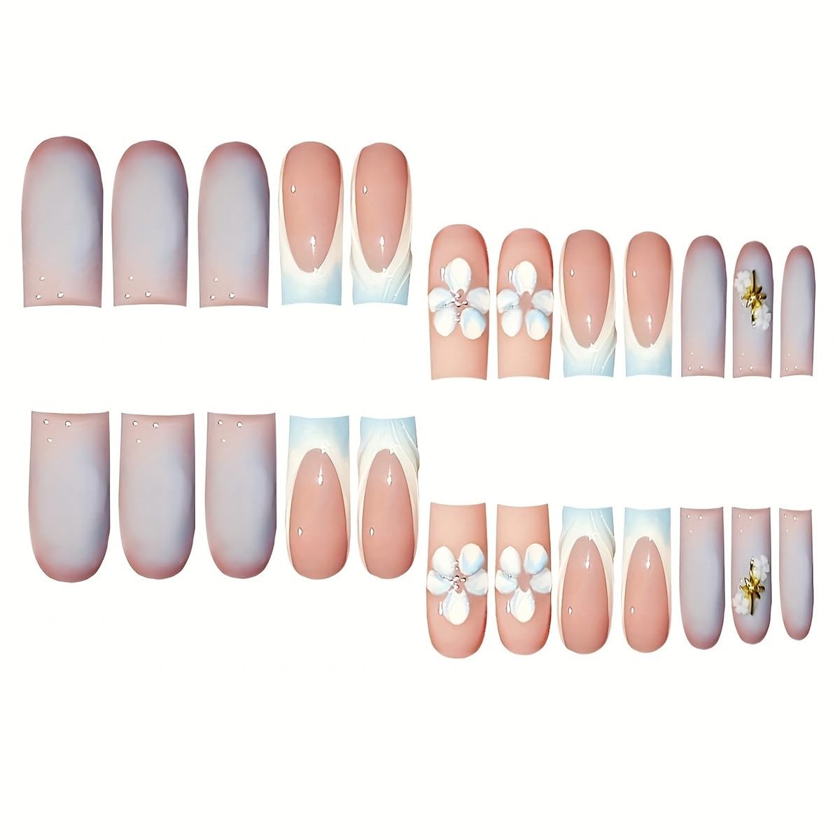 24Pcs Blue French Tip Almond Plastic Glossy Full Cover Nail Press-on False Na…