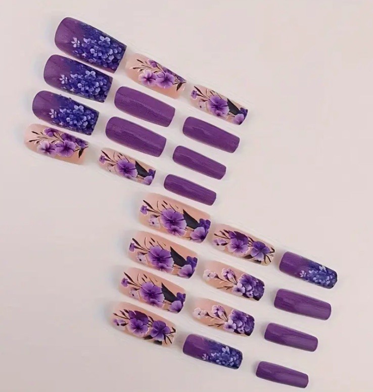24 Pc Purple Pink Long Square Flower Press On Nails w/Glue & Nail