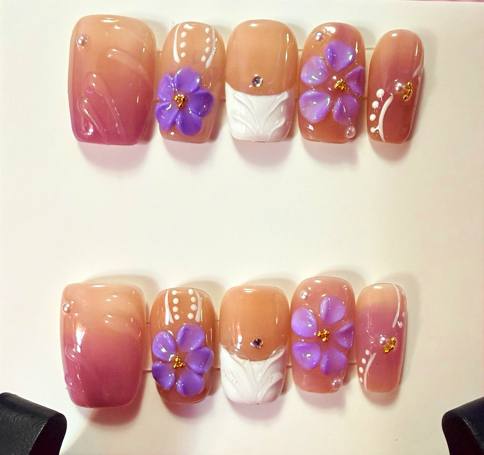 Nude/Pink/Purple/White 3D Floral Square Press-On Nails, Medium Shiny Full Cover