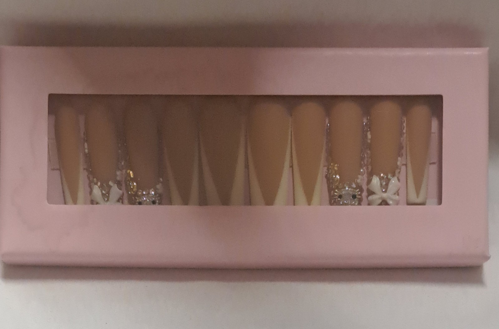 Handmade Hello Kitty Press On Nail Stiletto Nude French Tip Bling Rhinestone Bow