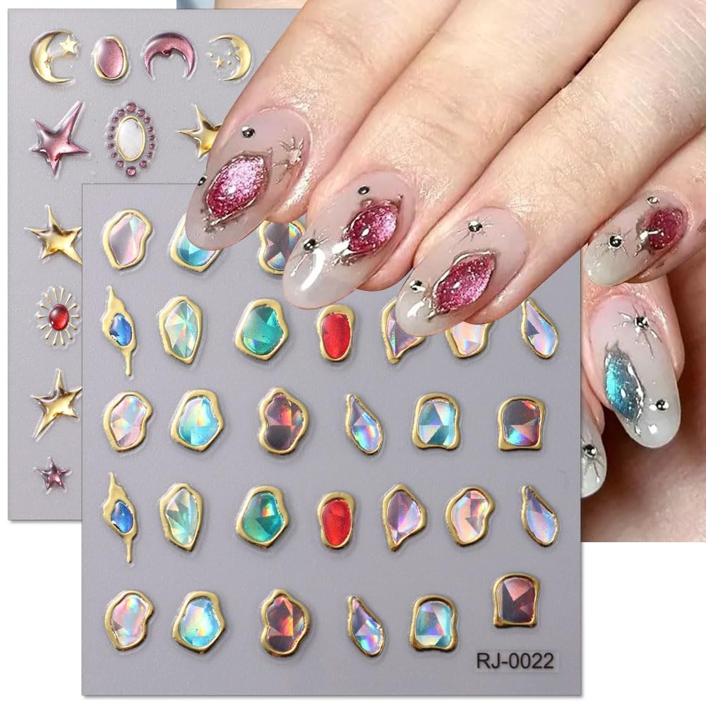 6Sheets 5D Embossed Stickers, Crystal Soft Glue Irregular Gems, Geometric Fra…