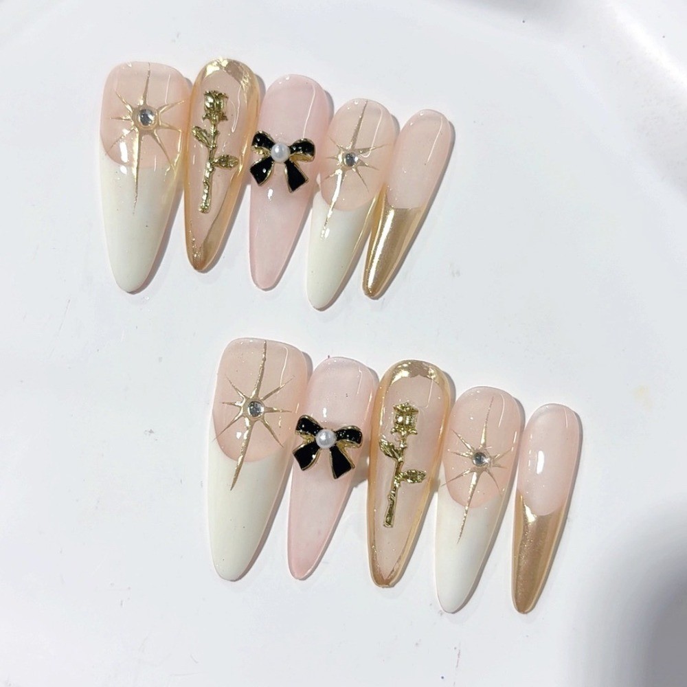 10pcs Pink White Press on Nails Mirror Rose Bow Rhinestone Almond Fake Tips