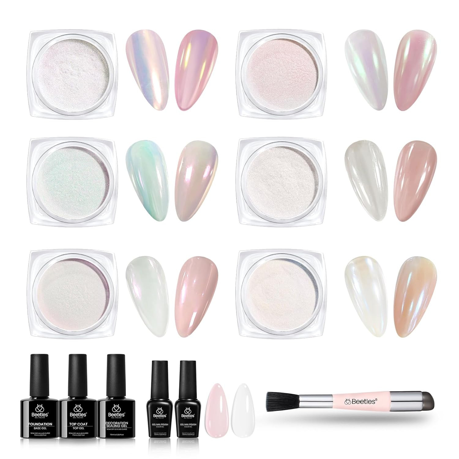 Chrome Nail Powder for Nails Aurora Pearl Kit 6 Colors with Base Top Coat Color