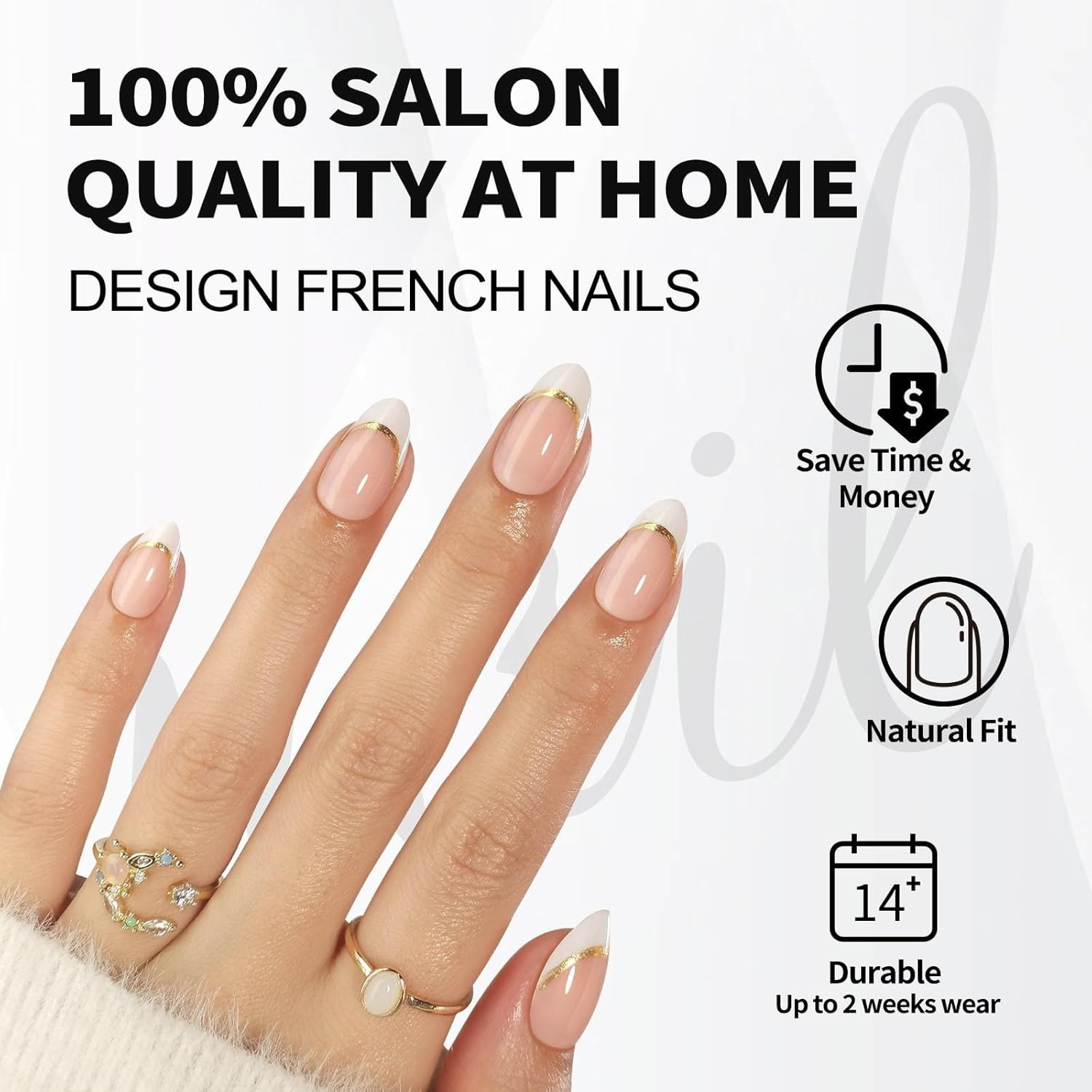 White French Tip Press on Nails with Gold Line Design – Soft Gel Valentines Almo