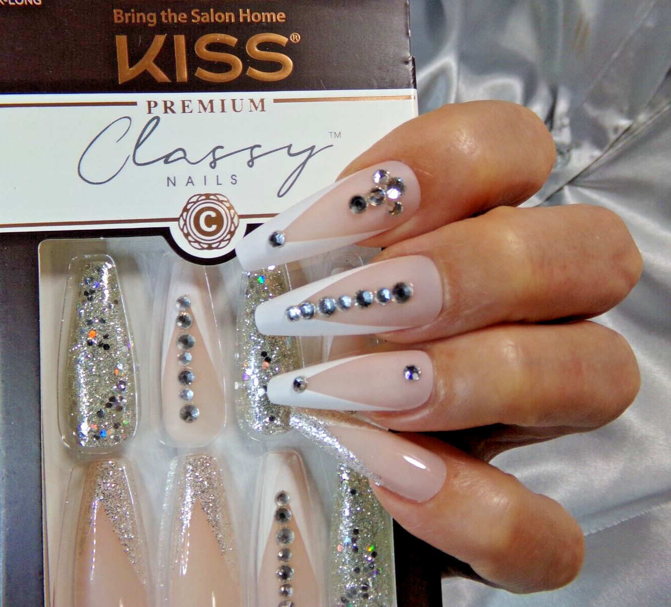 KISS Classy NAILS GLUE ON Shiny Bling French EXTRA LONG LENGTH