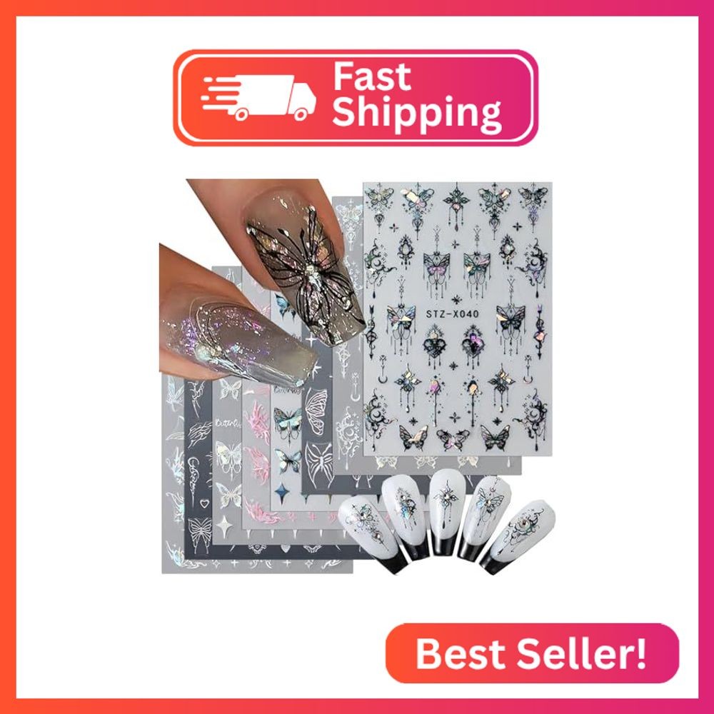8pcs Laser Black Butterfly Nail Stickers for Women 3D Aurora Butterfly Nail Deca