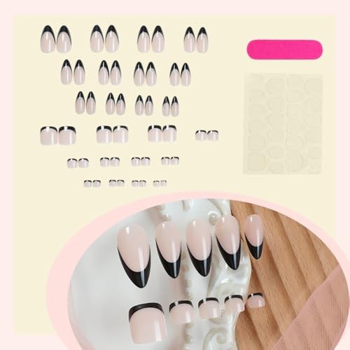 48Pcs Medium Almond Press on Nails and Toes Matching Set Black French Tip Fake