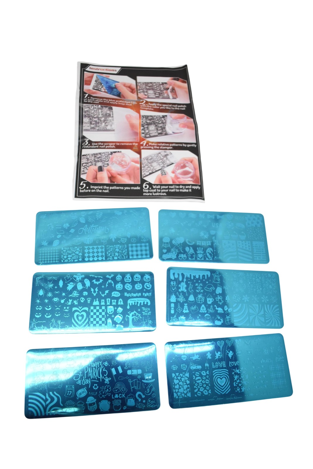 Whaline 6pcs Nail Stamping Plates Blue Metal All Holidays Manicure Art