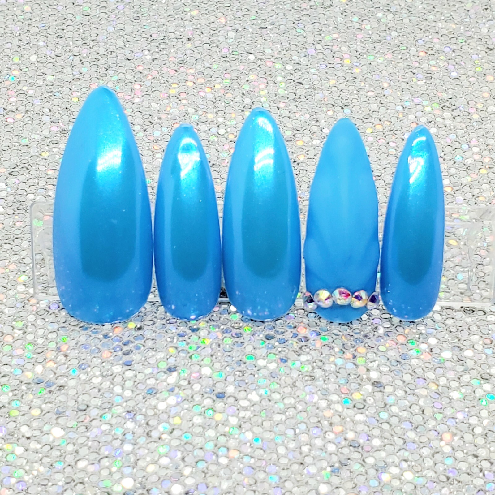 Aurora Chrome Soft Blue Seashell AB Rhinestone Press On Nails Handmade Hard Gel