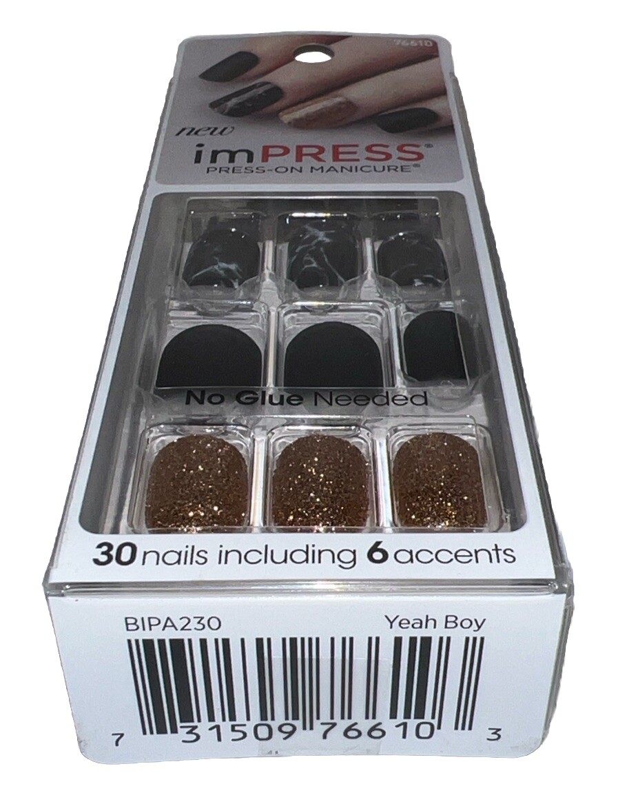 Kiss Nails Impress Press On Manicure #76610 Yeah Boy (Black Marble Gold Glitter)